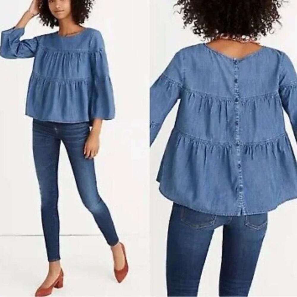 MADEWELL Denim Tiered Button Back Top Blue H3417 Women S